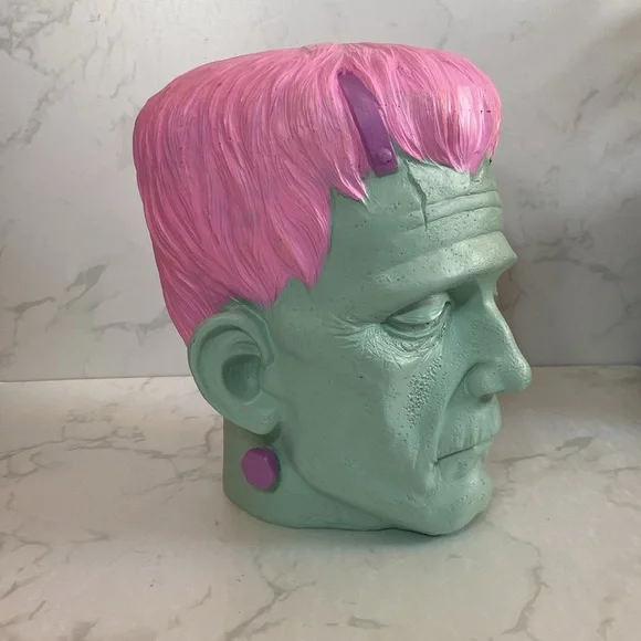 New Green Pink Halloween Viral Frankenstein Head Bust Home Decor Spooky Fall Fun - Picture 2 of 5